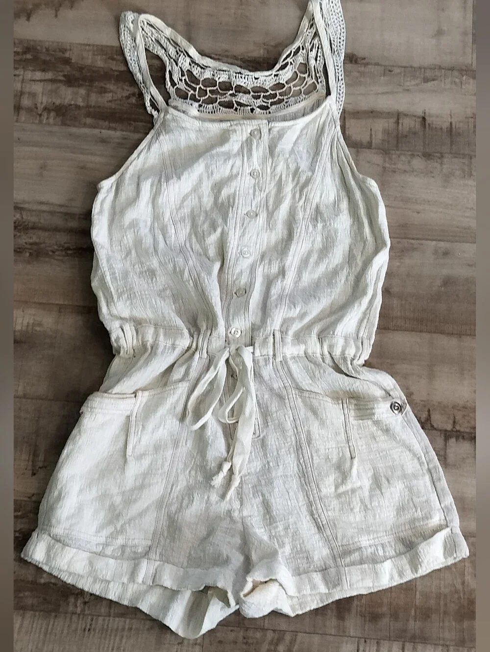 Free People Cream Textured Romper with Coral Logo Detail